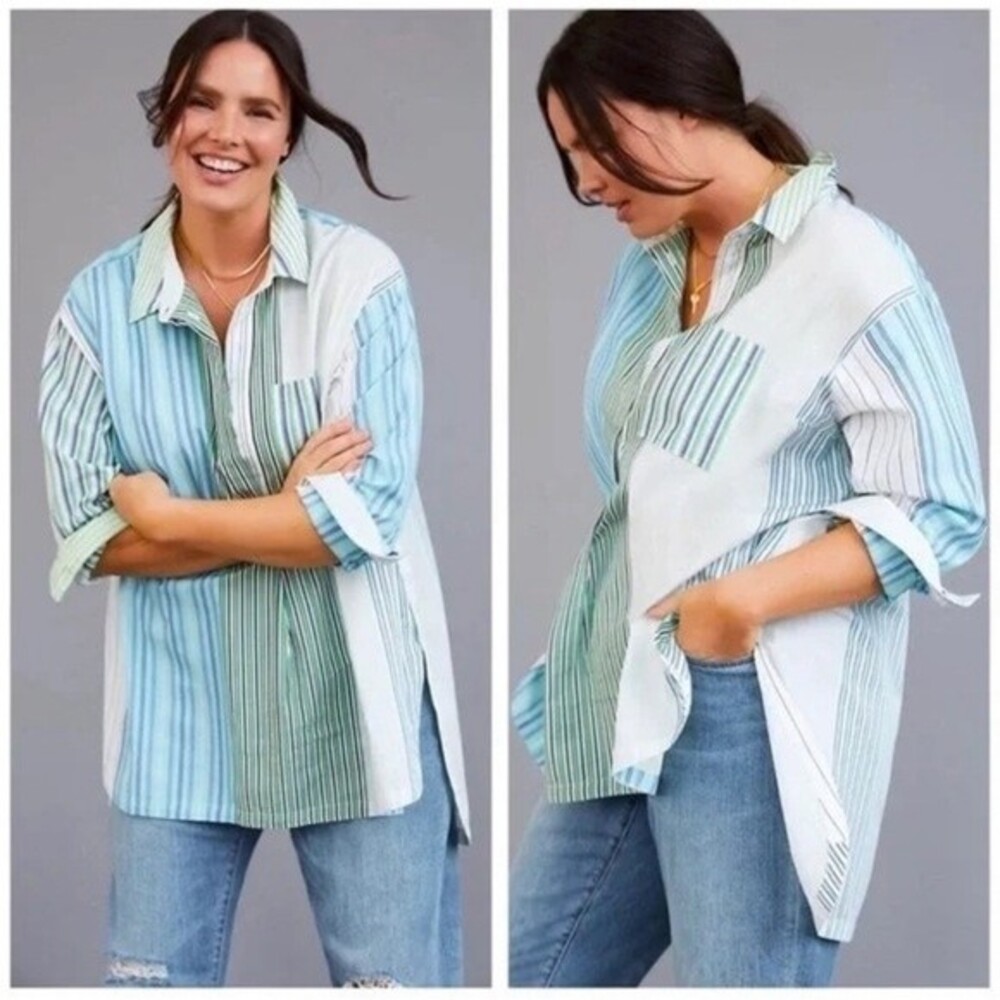 Maeve Anthropologie Alix Henley Blouse Striped Button Up Tunic Women Small